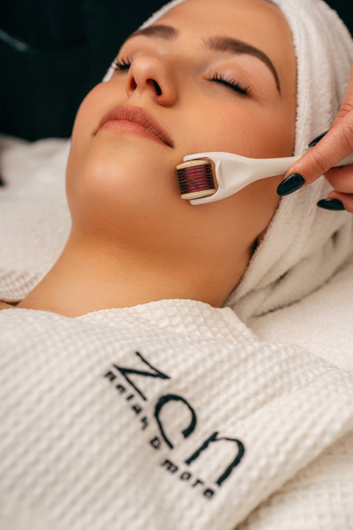 Close-up of a woman enjoying a relaxing facial massage in a tranquil spa.
